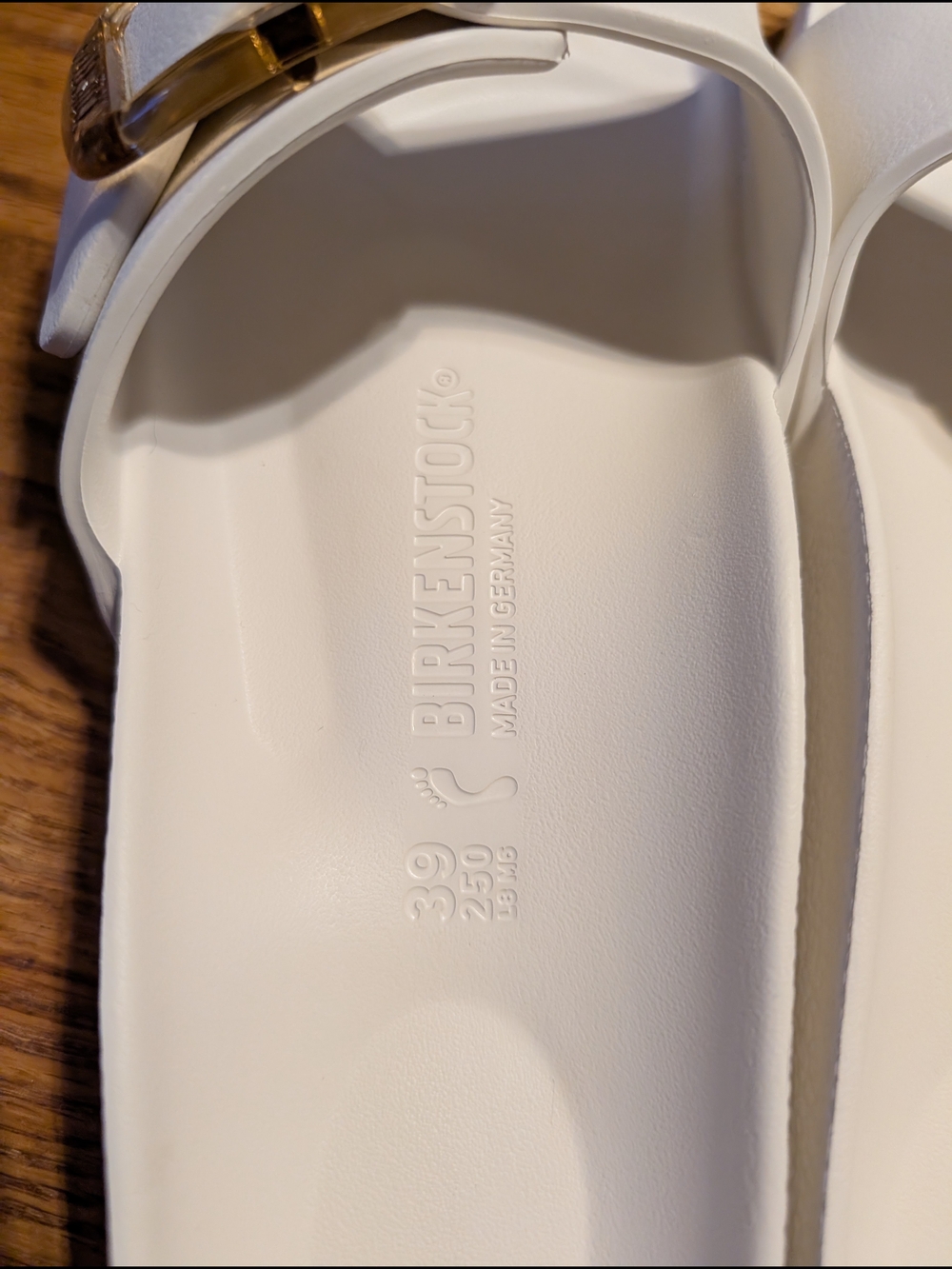 Birkenstock White Madrid EVA Slide Sandals with Gold Buckle - Picture 3 of 4
